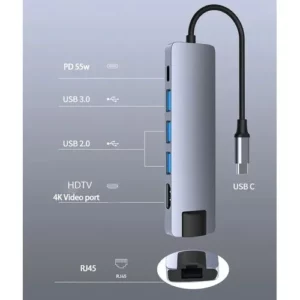 Adaptateur AIRSKY 6IN1 HDMi + RJ45 1GB+ 3xUSB 3.0 + USB-C TC-090